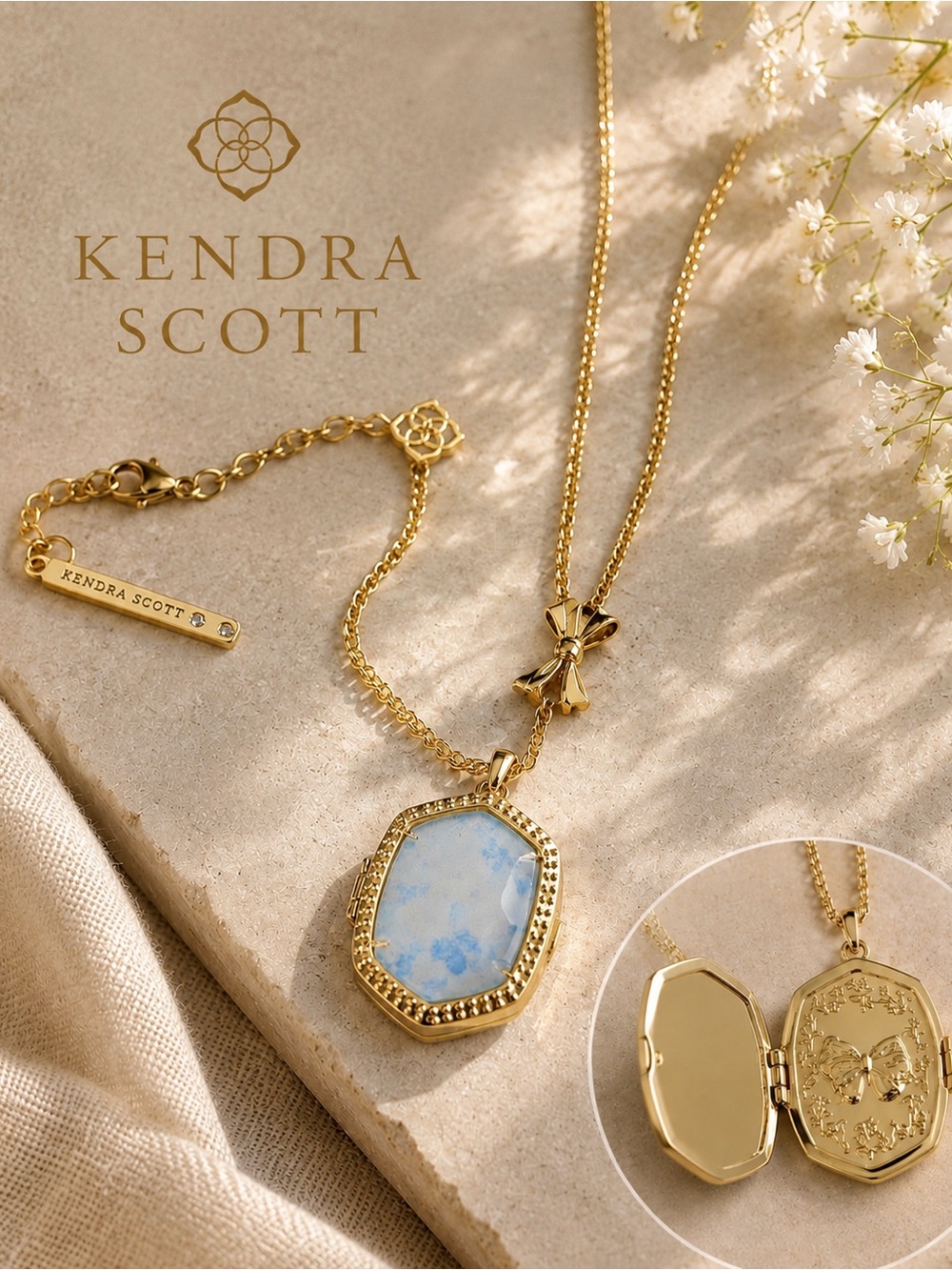 Kendra Scott Gold Tone Locket Necklace Blue Floral Glass Pendant